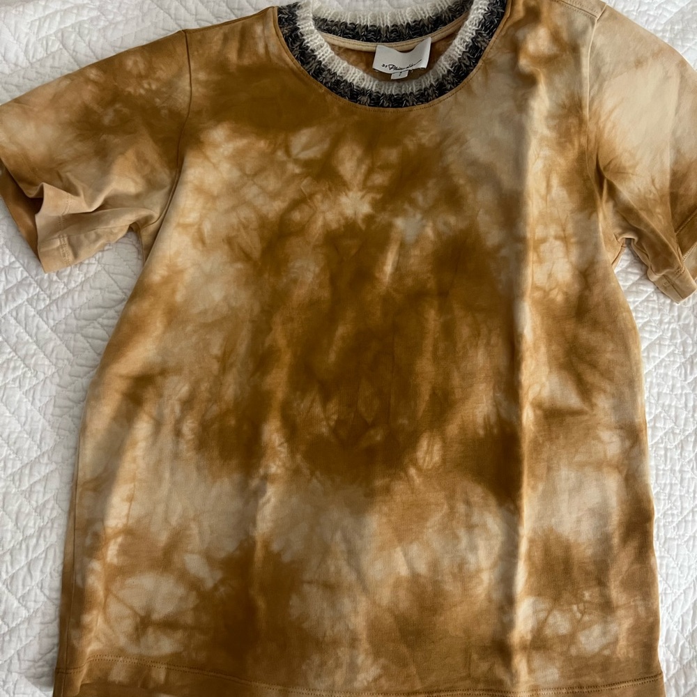 3.1 Phillip Lim Womens Tie Dye Print Woven Neckline Tee Shirt Beige Size Small